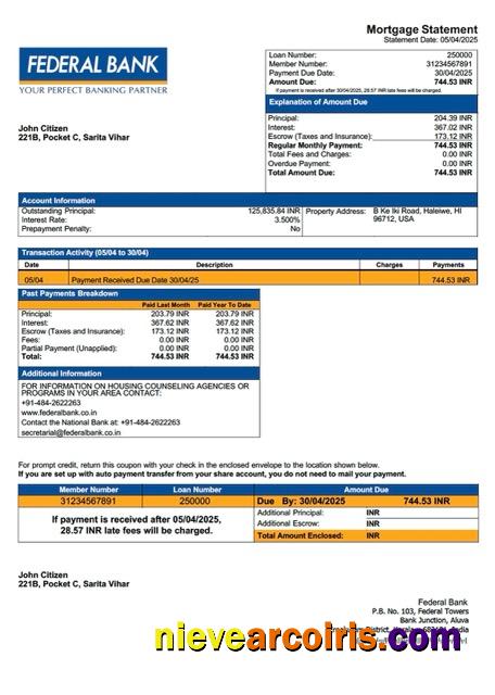 India Federal Bank mortgage statement Word and PDF template